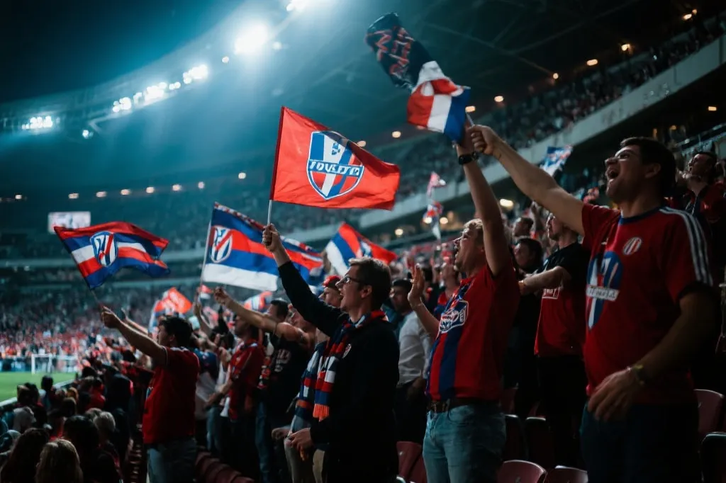 球迷在看台上挥舞旗帜,情感浓烈